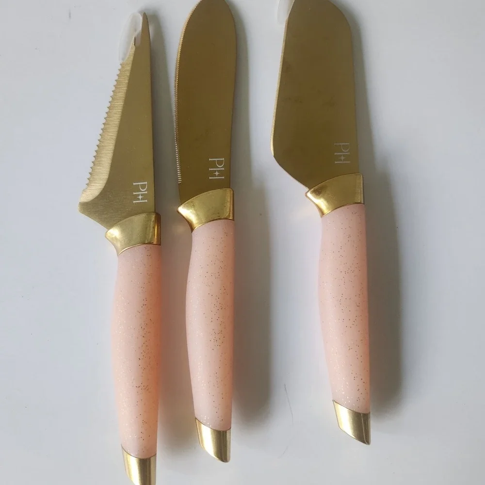 Paris Hilton 3 Piece Cheese Cutlery Set Gold Tone Blush Pink Glitter Handles PH